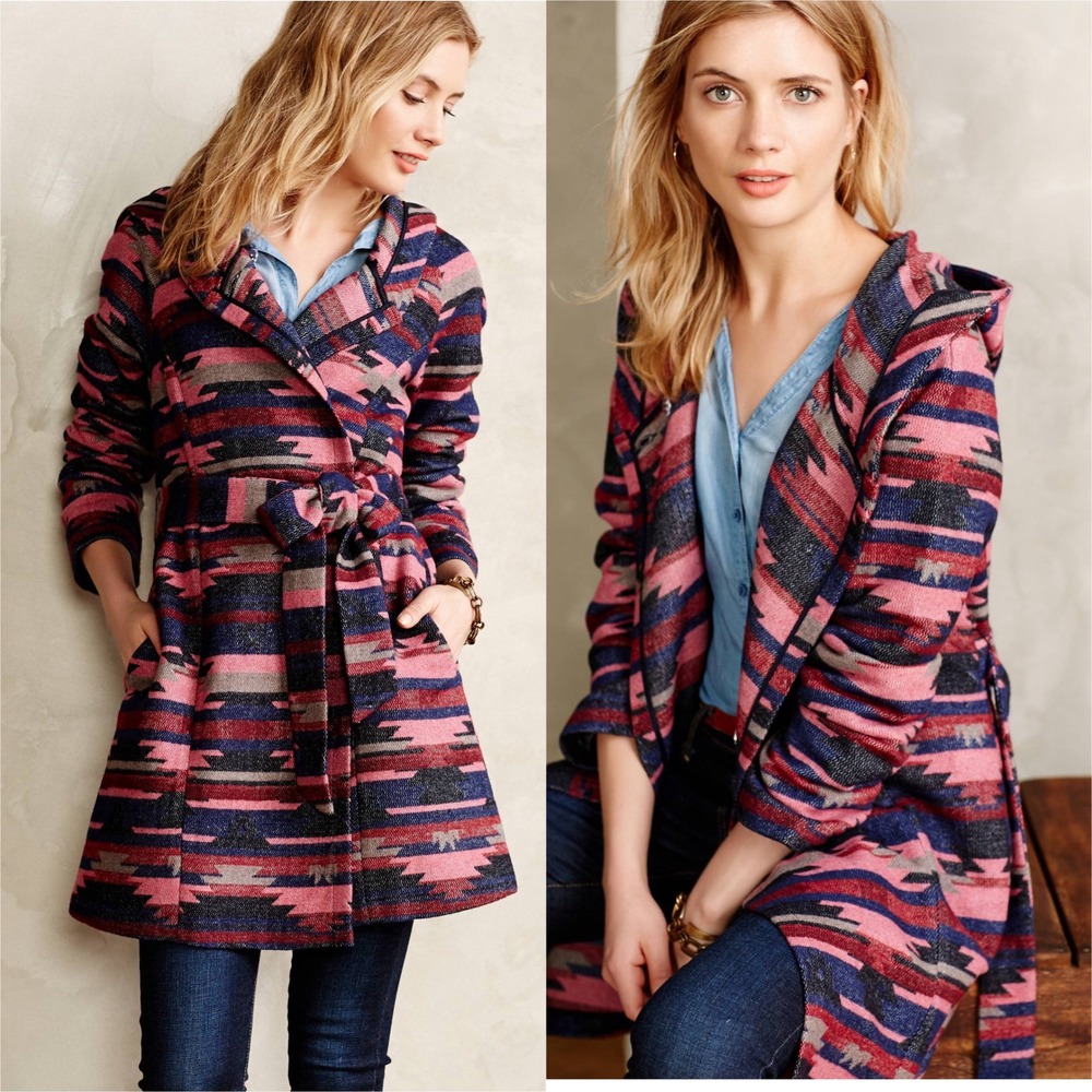 Tabitha Anthropologie Hooded Belted Aztec Print Pink Knit Cardigan Jacket‎ Small